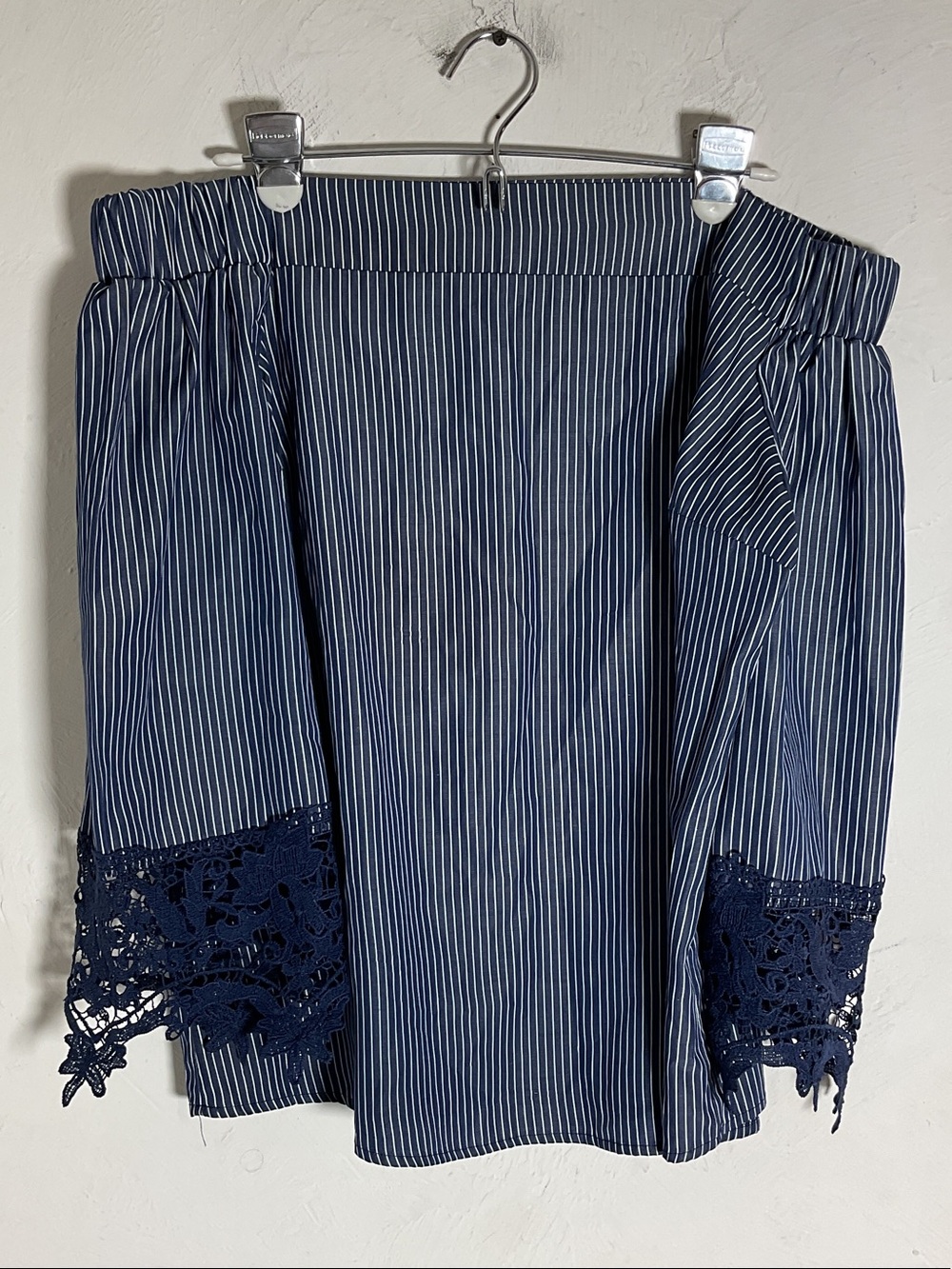 Unique Spectrum Blue Pinstriped Off-Shoulder Lace Bell Sleeve Top Size XL